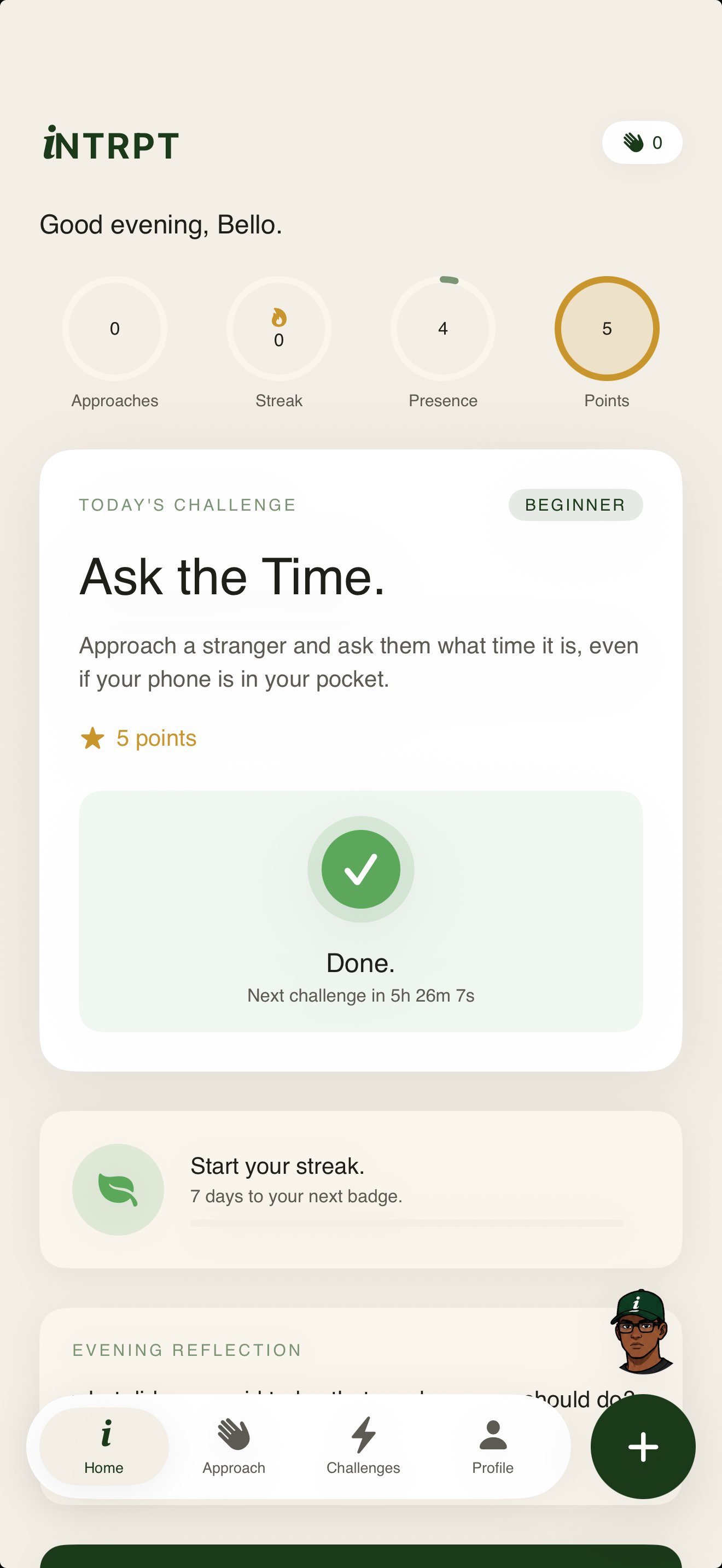 iNTRPT home screen showing stats, today's challenge, and streak